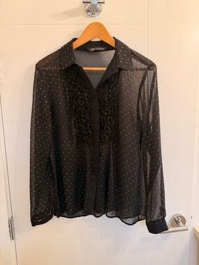 Sheer Black Rhine Stone Ruffle Front Blouse